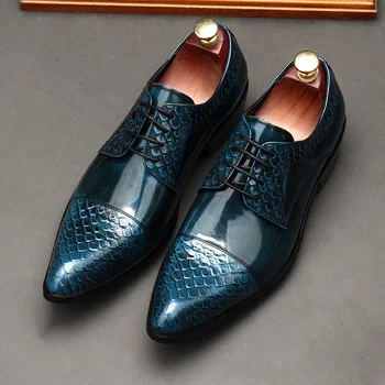 Ново записване, обувки с остри пръсти във формата на риба везни, мъжки обувки от лачена кожа, луксозни модела обувки с дантела, социална обувки за мъже