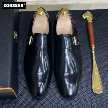 Мъжки обувки от естествена кожа, висококачествен бизнес и ежедневни мъжки кожени обувки с остри пръсти, модни мъжки обувки за партита с метална катарама