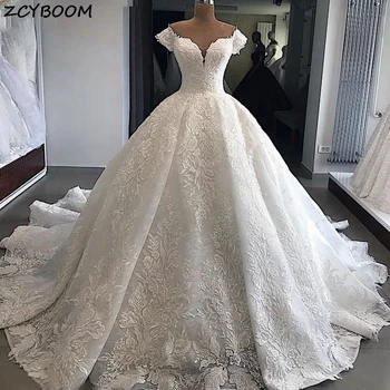 Луксозната бална рокля 2023, сватбена рокля, елегантни пайети, дантела и апликации, сватбени рокли принцеса с открити рамене, дълго женствена рокля