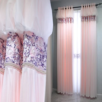 Корейски марка Розови пердета за спалнята на принцесата за момичета, романтична кортины за сватба, 2 слой, пасторални дантелени пердета с фея и перли
