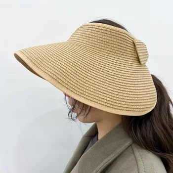 Лятната сламена шапка срещу слънцето, за жени, плажна шапка с отворен покрив, шапка с голяма периферия, шапка със защита от ултравиолетови лъчи, Панама