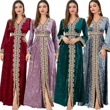 Дамски абайи с цветна бродерия, марокански кафтан, колан с дълъг ръкав, луксозни кадифени вечерни рокли трапецовидна форма с намаляване на дъното, плътно прилепнали вечерни рокли