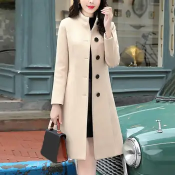 Стилно дамско палто, вълнена с дълъг ръкав, есен-зима, приталенное покривка козината на копчета, елегантно дамско палто за офис