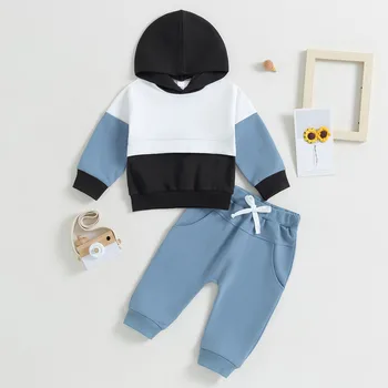 Комплекти панталон за малки момчета, есен облекло, 2 броя, hoody в стил мозайка с дълги ръкави и панталони на експозиции, комплекти, дрехи за деца