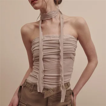 Пролетно новост 2023, дамски однотонная приталенная модни однотонная плиссированная секси майк е с отворен гръб