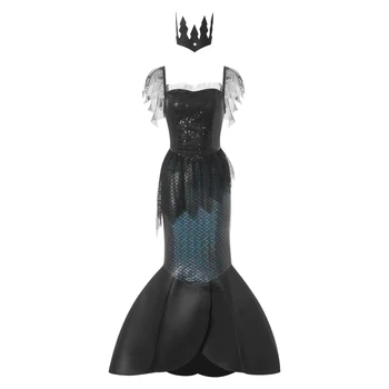 Женски костюм секси русалка с открити рамене, рокля с пайети и опашка на русалка, костюм на сирената на Хелоуин за ролева игра за възрастни, парти