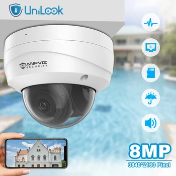 UniLook 4K 8-МЕГАПИКСЕЛОВА IP Куполна Камера за Сигурност PoE Външна Вграден Микрофон IR Нощно Виждане до 30 м Домашна Камера за видеонаблюдение IP67
