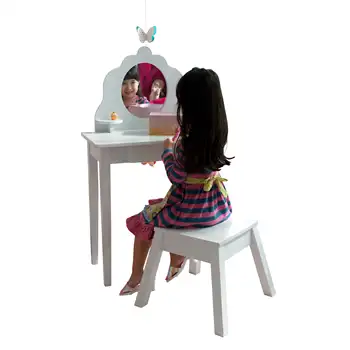Детска тоалетка с огледало и табуретка от дърво среден размер - бял