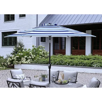 9-крак отворен чадър за тераса, алуминиева наклон с дръжка, градина на открито в двора -мулти ивица