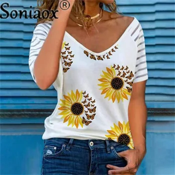 Женска тениска с къс ръкав, лятна ежедневни тениски с V-образно деколте, без тениска с пеперуда и цветя принтом, дамски блузи