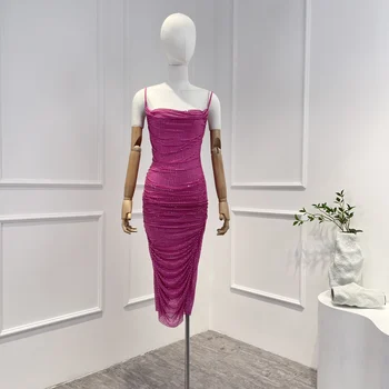 2023 Ново записване, висококачествени дамски официални рокли, розово-червена облегающая дрехи без ръкави с диаманти за лятото
