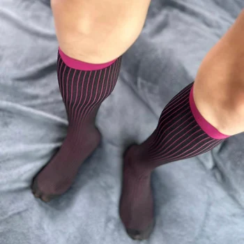 CLEVER-MENMODE Прозрачни Мъжки Тънки Секси Чорапи, Прозрачни Чорапи-тръба с Дължина до коляното, Дълги Еротични Вечерни Ластични Чорапи