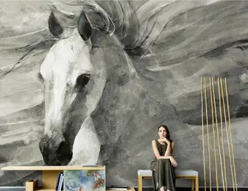 Скандинавско ръчно рисувани абстрактно черно-бял кон мустанг фонови картинки за всекидневната с телевизор поръчка, фотообои по поръчка