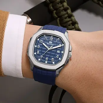 2023 Луксозни мъжки часовник с квадратен циферблат Мъжки кварцов механизъм спортен часовник със синя ластик Зелени часовници Бизнес мъжки часовник от неръждаема стомана