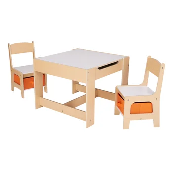 Комплект дървени маси и столове за съхранение на Senda Kids, натурален цвят, меламин, детска масичка от 3 теми