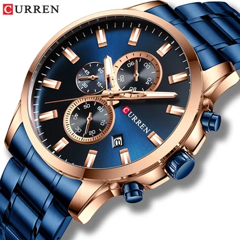 CURREN Луксозни маркови спортни кварцови часовници Мъжки часовници със светещи стрелки, хронограф автоматична дата на Модерен ръчен часовник от неръждаема стомана