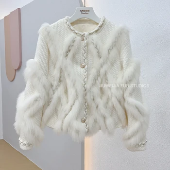 2023 Женски вязаный пуловер от естествено лисьего кожа пухкав тъкат, модно палто от естествена кожа, зимно яке, однобортная градинска облекло