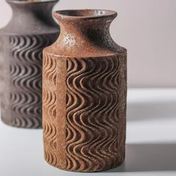 Резбовани вълнообразни керамична ваза в ретро стил, украса за дома, художествени аксесоари за цветя аранжировки