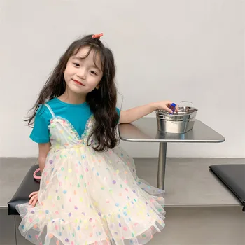 Летни детски дрехи 2022 г., газово рокля на подтяжках с къси ръкави на точки за момичета, детски рокли на принцеса, рокля на корейската версия