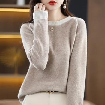 Жена сгъсти пуловер от чиста вълна, с кръгло деколте, есен-зима 2022, нов свободен вязаный пуловер с дълги ръкави, вълнен пуловер