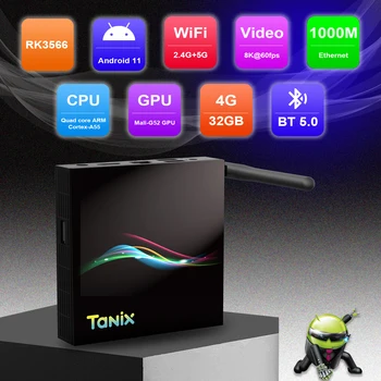 2023 Нов TANIX TX66 TV BOX Android 11 RK3566 Четириядрен ARM Mali-G52 4G 32G БТ 5,0 2,4 G 5G Wifi 8K Телеприставка мултимедиен плейър Подарък