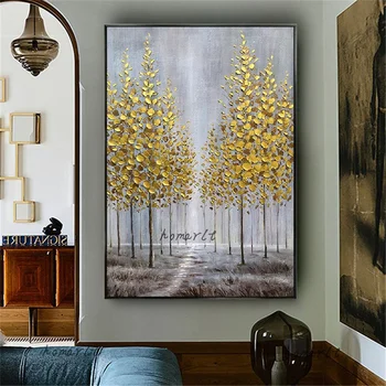 100% Ръчно пейзаж живопис с маслени бои върху платно, плакат със златни дървета, голям нож, стенно изкуство за всекидневната, модерен начало декор, картинката