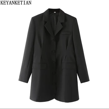 Дамски пролетно облекло KEYANKETIAN, нова минималистичная однобортная закопчалката на модел, плиссированный дизайн, дълъг черен яке