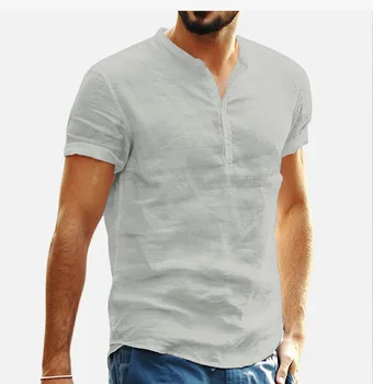 2023 Нова мъжка тениска с къси ръкави от памук и лен, Ежедневни мъжки тениски с V-образно деколте, мъжки дишащи върховете S-5XL