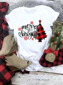 Коледна дрехи с Коледа, тениска с принтом, клетчатое дърво любов, мода, дамски модни ежедневни тениски, потници