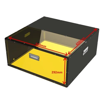 Лазерен гравиране машина, пылезащитная защитна кутия, корпус от опушен PVC, двухтрубный ауспух с ЦПУ, смукателния вентилатор, акрилен капак