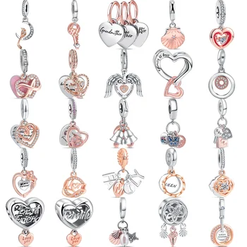 Сребърен ключ-ключалка 925 проба, безкрайно сърцето, любяща майка, камбанка-пеперуда, два цвята мъниста-окачване, подходящ за оригинален браслету Пандора, бижута, изделия