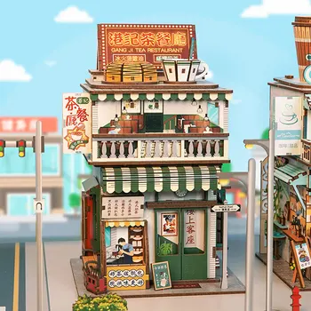 DIY wooden куклена къща с изглед към града, мини-чай ресторант, модел куклена къща, 3D настолна играчка за деца, подарък за коледа, Casa
