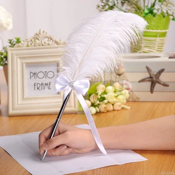 1 бр. химикалка писалка с перо, страусиный плюш, скъпа сватбена табела, офис подпис, метална канета, черна Канета, попълване романтичен подарък