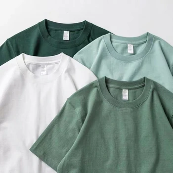 Мъжки Дамски Зелена тениска 200 грама Памук топ с къс ръкав, Корея, тениска, Зелена Дебел Памучен тениска Унисекс с къс ръкав 2023