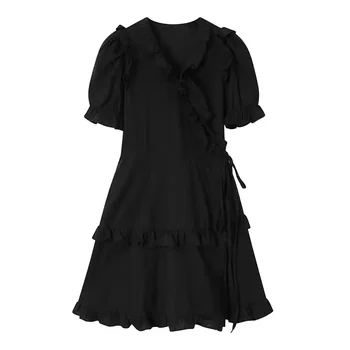 Елегантна Черна Секси рокля с Къс ръкав, Секси рокля С V-образно деколте И Рюшами По краищата, дантела, Трапециевидное Женствена Мини рокля 2023, Лятно