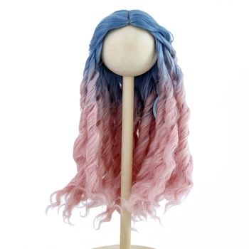 Безплатна доставка на 18-инчов американски куклен перука Дълга вълнисто синьо, розово градиентный висока коприна