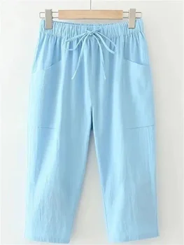 2023 Нови летни зелени памучни панталони Y2K, женски свободни скъсяване на панталон с еластична талия, дамски ежедневни панталони дантела с голям джоб