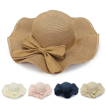 Дамски летни слънчеви шапки, шапка с вълнообразни полета, сламени въжета, папийонка, плажна, градинска, елегантни, дамски, сгъваема