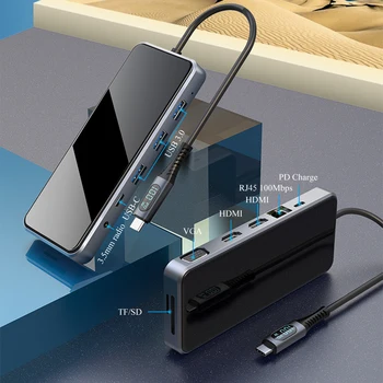 Хъб Type C до 4K, HDMI, VGA с разделен екран USB хъб USB 3.0, rj-45 PD 100 W SD TF Адаптер Цифров Дисплей Аксесоари за КОМПЮТЪР на USB хъб