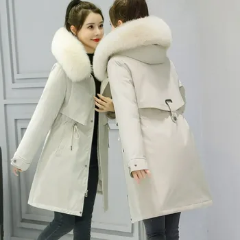 2023 Ново дамско пуховое памучни палто, зимно яке, женски свободни дълги паркове, топло дебели връхни дрехи, палто с качулка и шал яка от изкуствена кожа