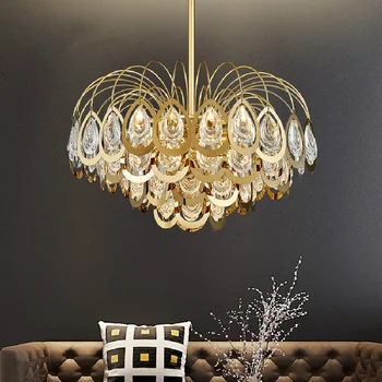 E14, постмодернистская златна led полилей, кристал луксозна подвесная лампа за дневна, за украса на фоайето на ресторанта, големи полилеи