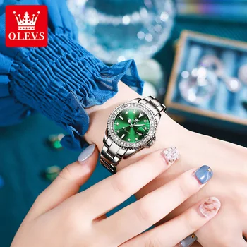 OLEVS 9945 Дамски часовници е от неръждаема стомана Луксозна диамантена bezel Водоустойчив светещи дамски кварцов часовник Модерен дамски часовник
