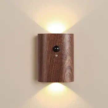 Led индукция ночники с датчик за движение, дървени безжична USB-акумулаторна стенни лампа за спалня, кухня, коридор, стълба за осветление