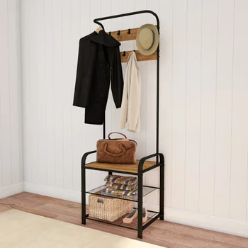Пейка за антрето Somerset Home с закачалка за дрехи – метална дърво за антре със седалка, куки и място за съхранение на обувки