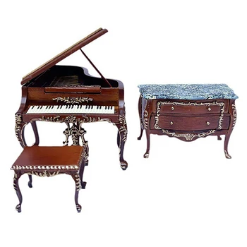 Мебели за кукла къща, луксозно резное пиано в европейски стил с табуреткой, модел страничен шкаф за куклена къща декорация за хол, спалня