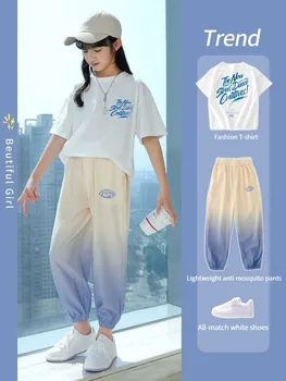 Летни тенденция на Спортни тениски за момичета от 2 теми, копринени ризи с лед + Девятые Панталони от Комари, Костюми за почивка за момичета 5-13 години, Oufits, детски дрехи