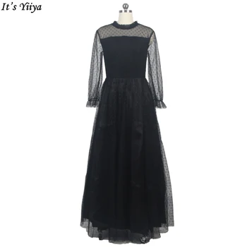 Това YiiYa Днешно Снимка Вечерна Рокля От Черен Тюл С Дълъг ръкав, Висока яка, цип, с дължина до пода, по-Големи размери, Дамски официални рокли E016